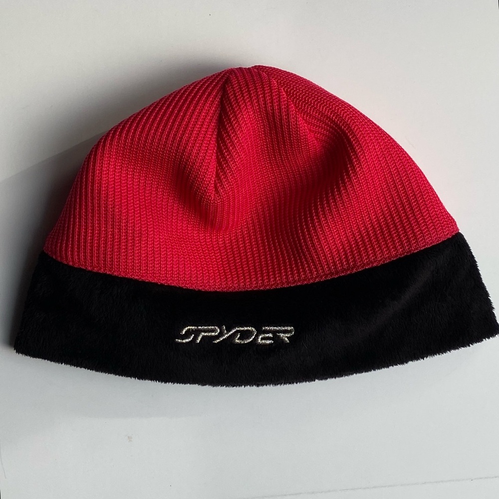 Spyder Women's Beanie Hat Pink- Red With  Black Fleece Trim Logo EUC Worn Once